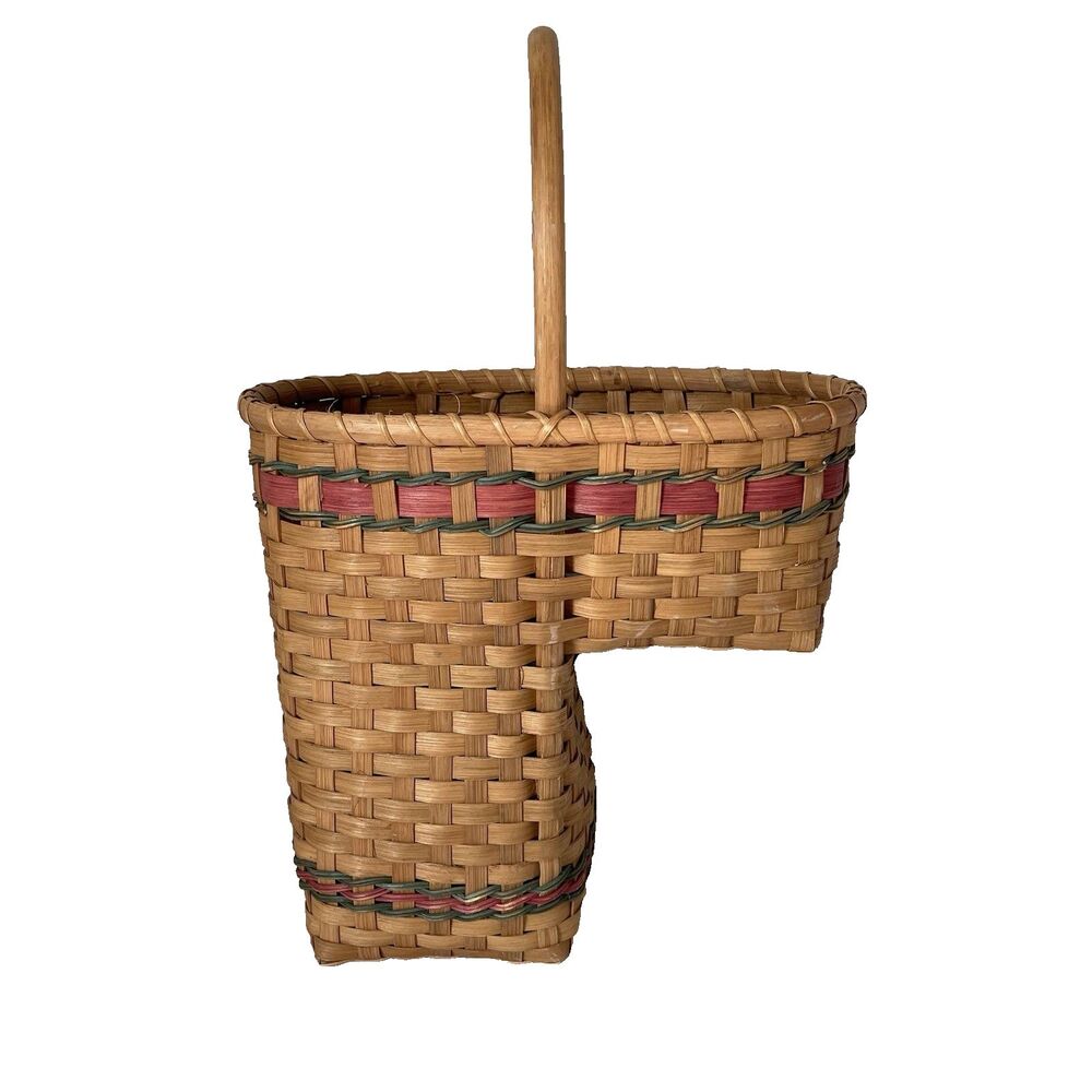 Vintage Rustic Country Woven Stair Basket Cottagecore Tan Red Green 13' x 14'